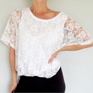 French Atmosphere white sheer lace bubble hem off-shoulder top petite large